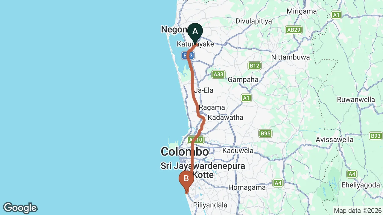 Route map: Colombo (CMB) Airport to Yoho Mount Republic, Colombo