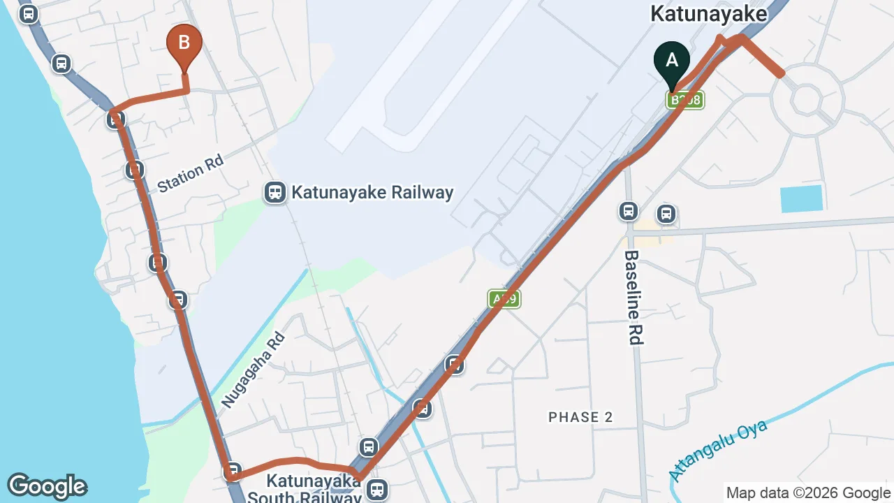 Route map: Colombo (CMB) Airport to Hostel Katunayake, Katunayake