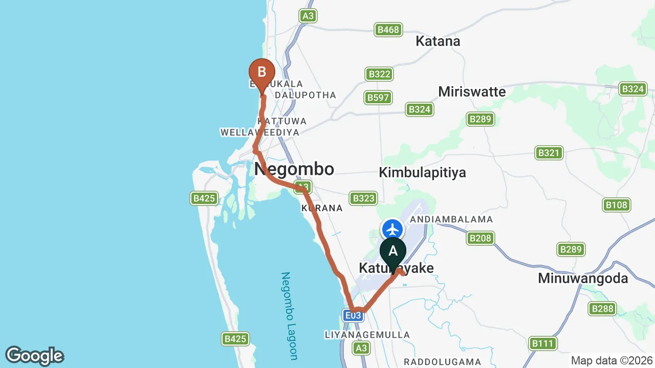 Route map: Colombo (CMB) Airport to The Beach, Negombo