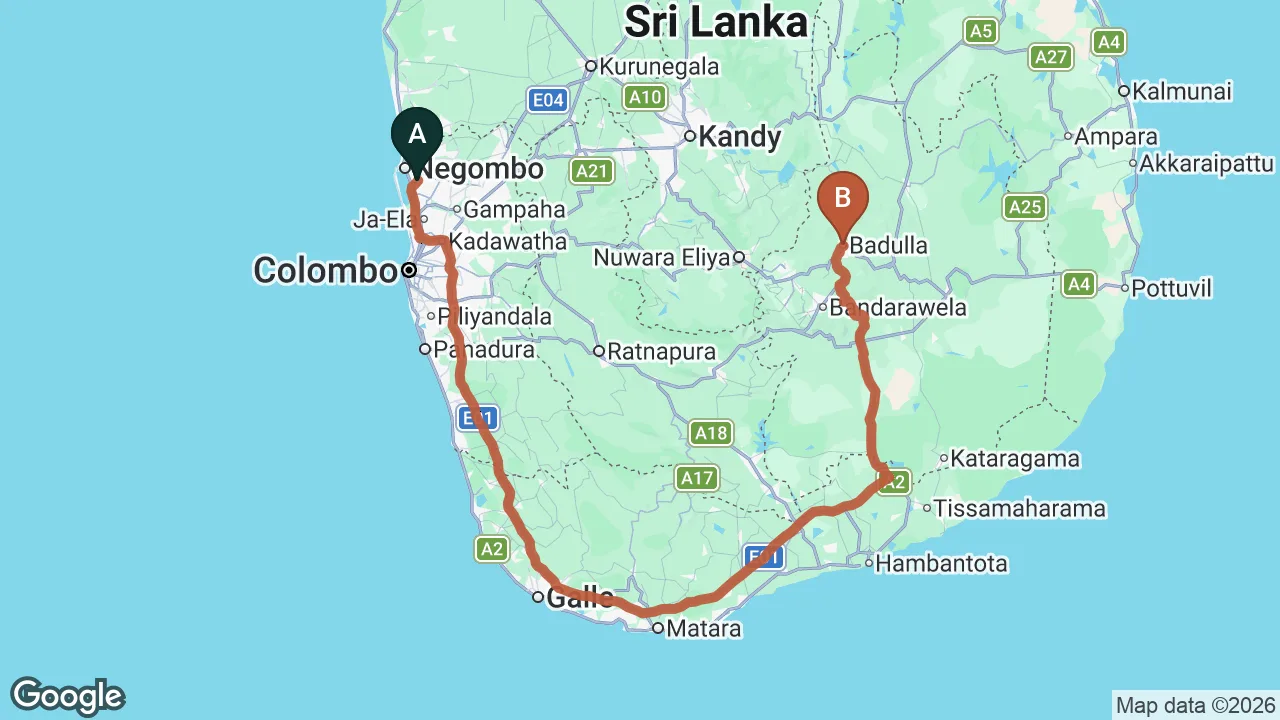 Route map: Colombo (CMB) Airport to Badulla City