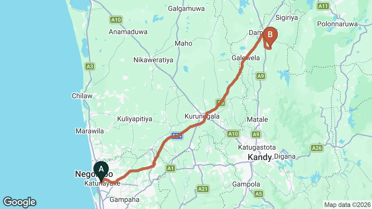 Route map: Colombo (CMB) Airport to Rock View, Dambulla