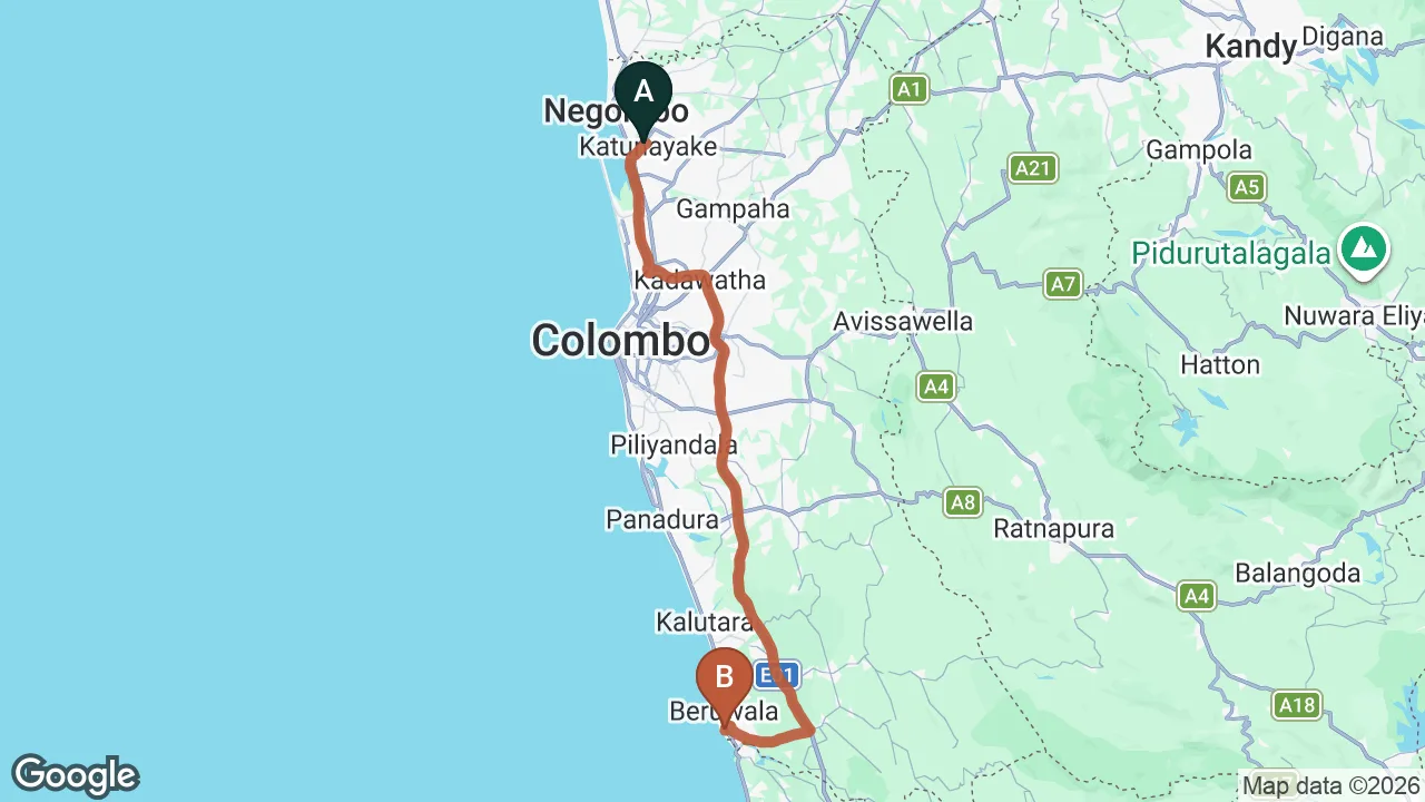 Route map: Colombo (CMB) Airport to Hotel Nirvega, Beruwala