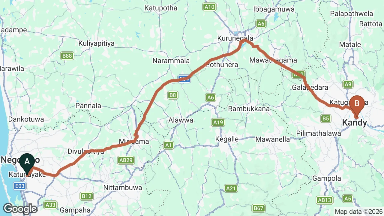 Route map: Colombo (CMB) Airport to Kandy Cottage, Kandy